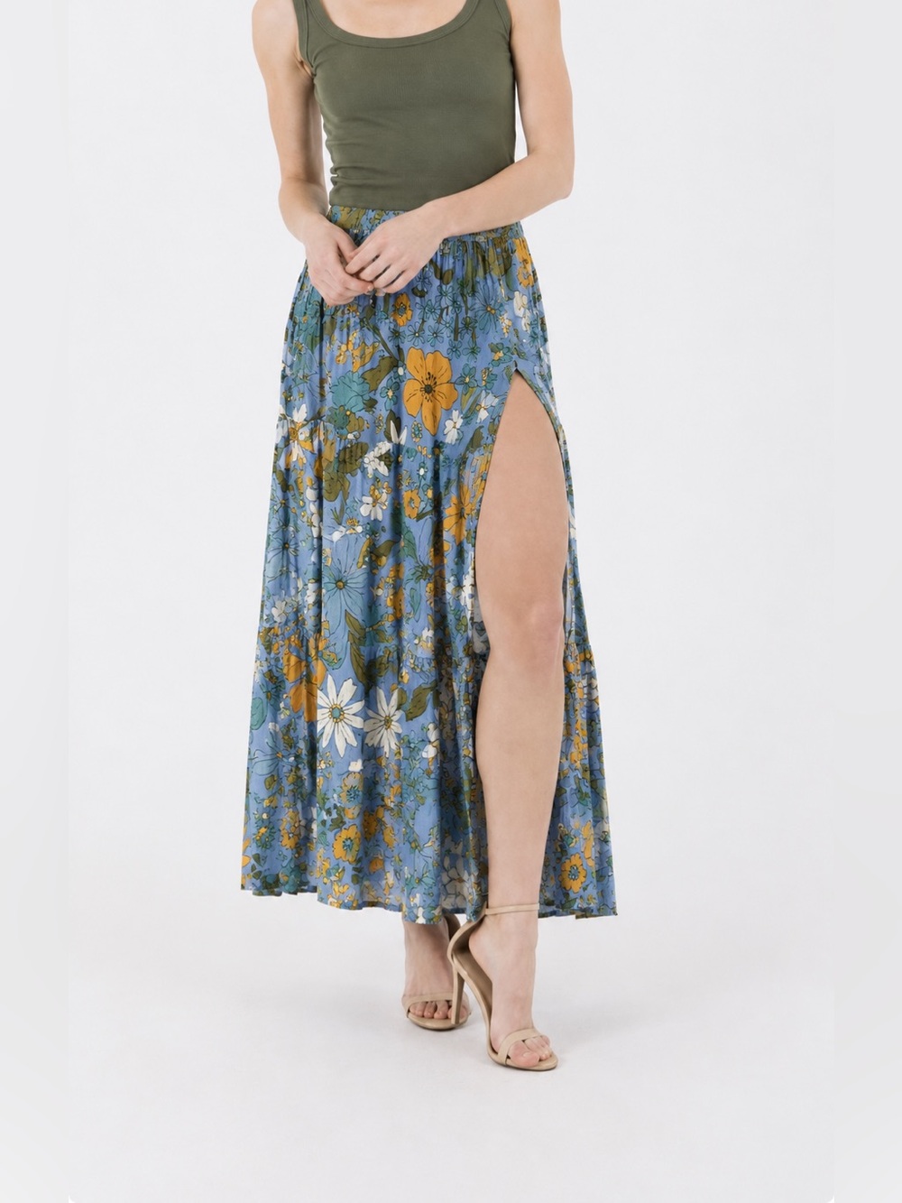 NWT Angie Blue Floral High Slit Tiered Maxi Skirt Boho Size Small